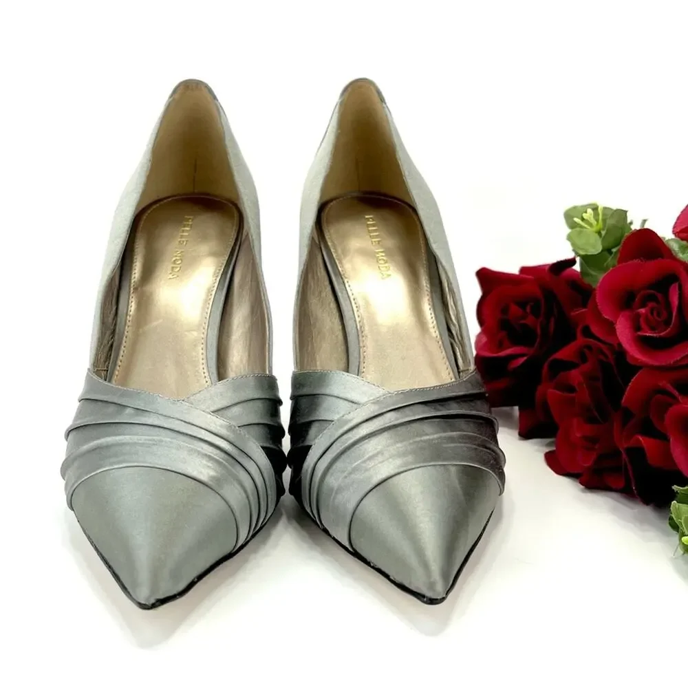 Pelle Moda Stiletto Pump Silver/Gray Satin Sparkly Rhinestone Along The Heel New